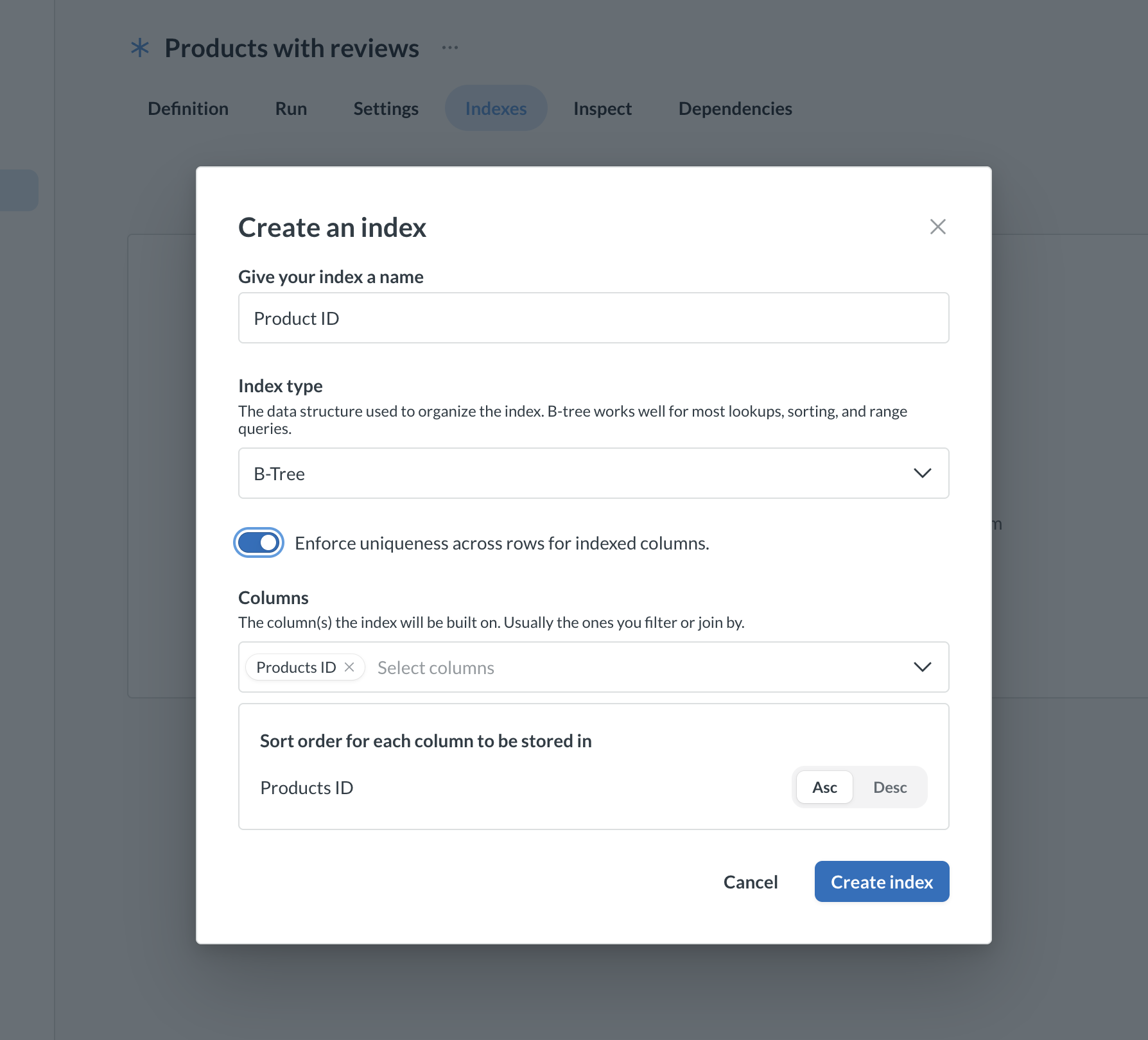 Create an index