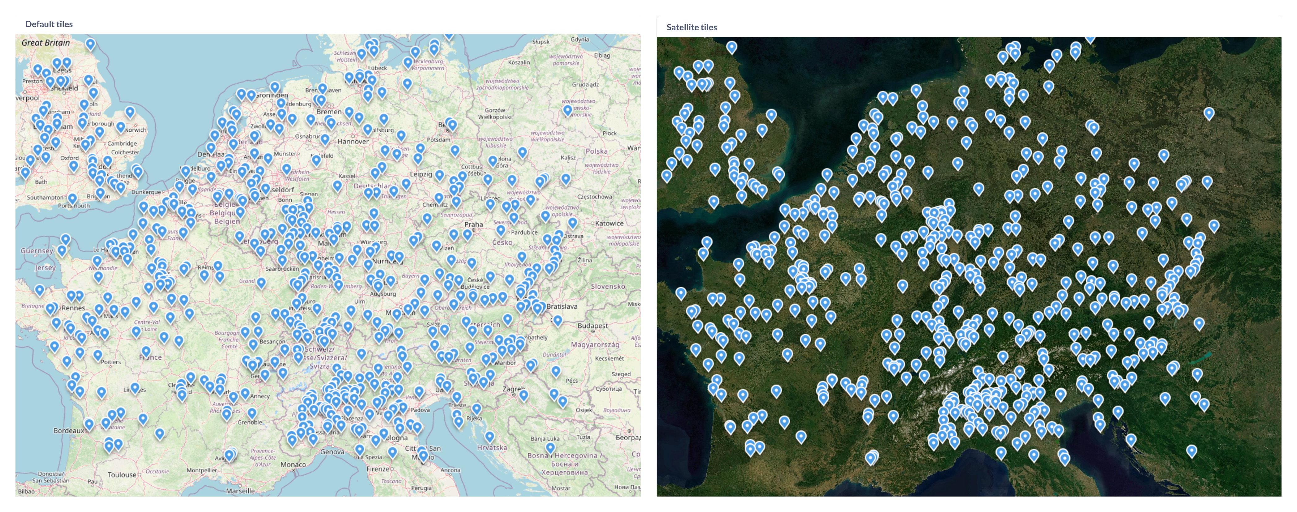 The same pin map with default tiles and with satellite tiles