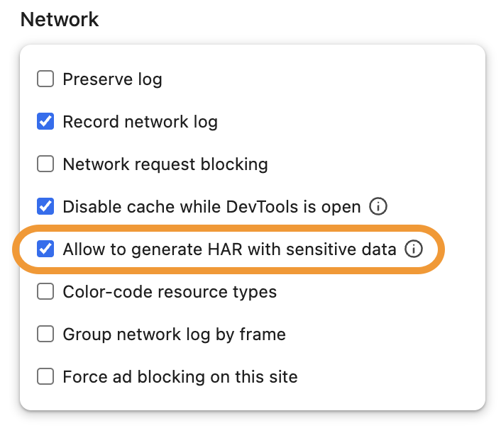 Developer tools Networks settings with the option highlighted to Allow to generate HAR files with sensitive data