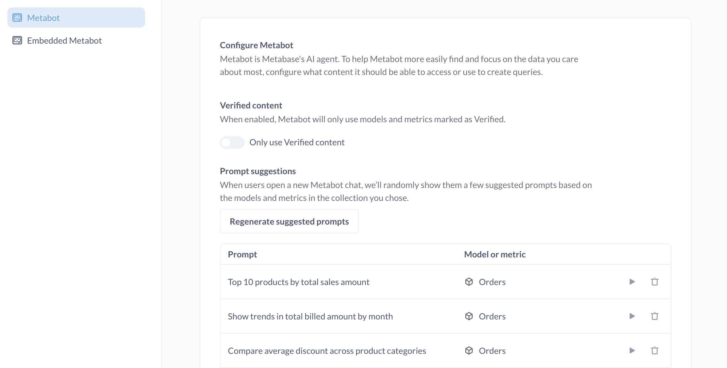Admin settings for AI Metabot
